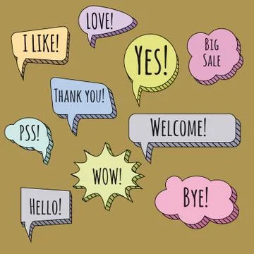 Speech bubbles set. Talk clouds coloured sketching illustration, vector Stock Illustration