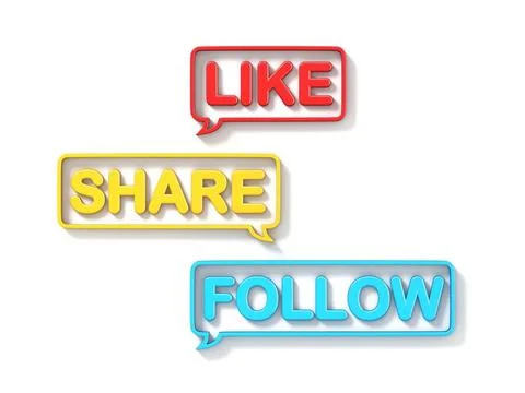 Speech bubbles LIKE, SHARE, FOLLOW concept 3D Speech bubbles LIKE, SHARE, ... Foto stock