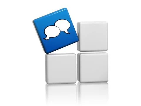 Speech bubbles sign in blue cube over grey boxes Stock Illustration