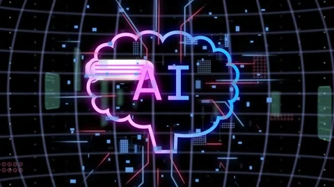 Speech bubbles sliding in, neon AI brain filling 0 or 1 streams, lines Stock Footage 335739373