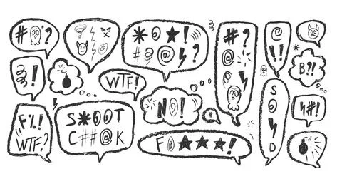 Speech bubbles with swear words. Curse crayon doodle text. Bad feeling Stock Illustration