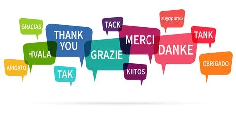 Speech bubbles with text thanks in different languages Stock Illustration