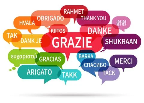 Speech bubbles with text thanks in different languages Stock Illustration