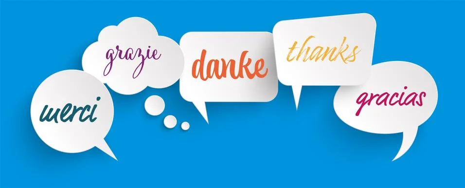 Speech bubbles with text thanks in different languages Stock Illustration