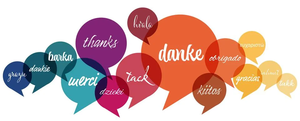 Speech bubbles with text thanks in different languages Stock Illustration