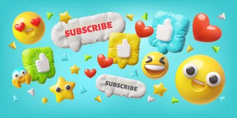 Speech bubbles with thumbs up and subscribe text from inflated balloon, smiley Stock Illustration
