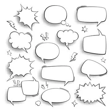 Speech bubbles. Vintage comics talk, cartoon forms, think and sound effects in Illustrazione stock