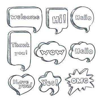 Speech bubbles with words and phrases, vector sketch illustration. Hand drawn Stock Illustration