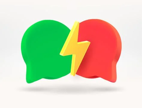 Speech bubbles with yellow thunderbolt. Discussion concept. 3d vector illus.. Illustrazione stock