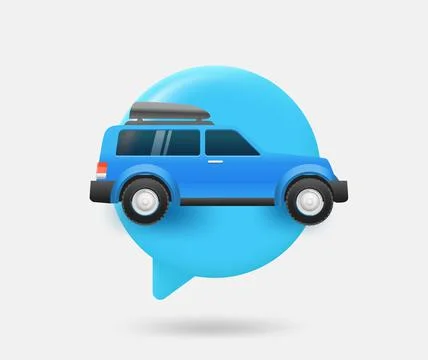 Speech cloud with blue car. Car travel concept. 3d vector isolated illustrati Stock Illustration