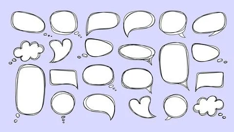 Speech clouds bubbles hand drawn icons. Black empty sketches purple surface with 스톡 일러스트