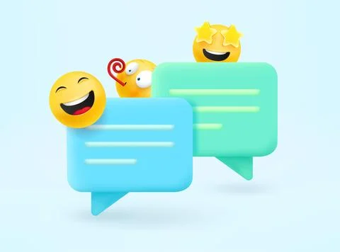 Speech clouds with emojis. Conversation concept. 3d vector icon Illustrazione stock