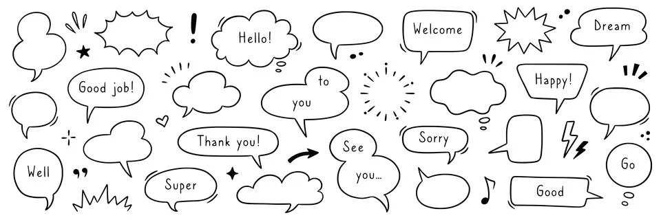 Speech dialog drawn set. Speech bubble and dialog element in hand drawn cartoon Stock Illustration