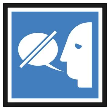 Speech impairment, two faces with crossed speech bubble, blue public inform.. Stock Illustration