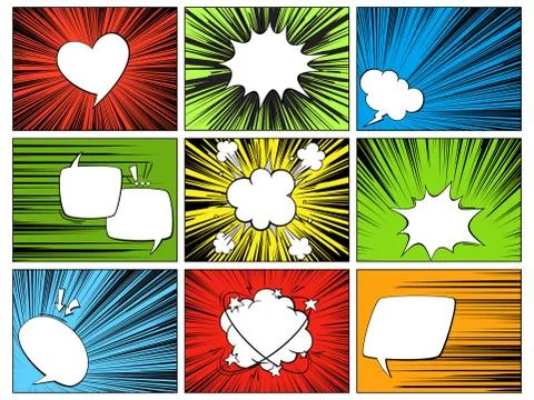 Speech radial elements. Comic cartoon shapes for dialogs thinking and talking on Illustrazione stock