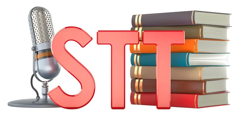 Speech to text, concept. Microphone, STT text and books. 3D rendering イラスト素材