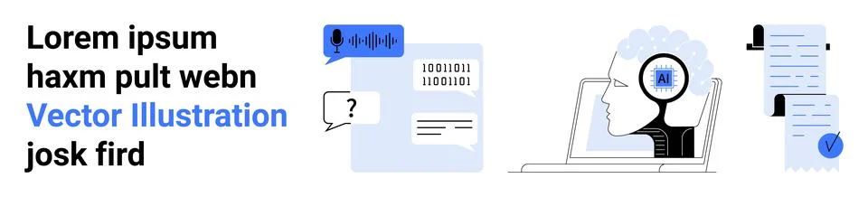 Speech to text conversion, binary code screen, AI brain processing data, and  Stock Illustration