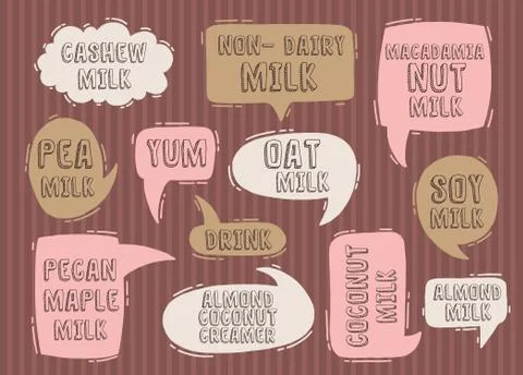 Speech text lable non-dairy milk  set. Collection design food name designatio Stock Illustration