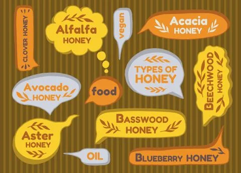 Speech text lable type honey set. Collection design name designation. Stock Illustration