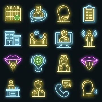 Speech therapist icons set vector neon Stock Illustration