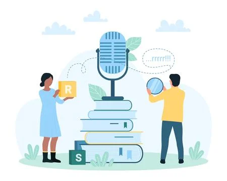 Speech therapy for voice pathology, tiny people training pronunciation with Illustration