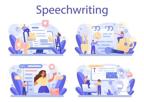 Speechwriting concept set. Professional speaker or journalist write a content Stock Illustration