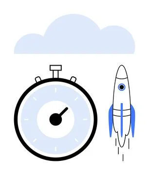 Speed and Efficiency Rocket Launch and Stopwatch Under Cloudy Sky Stock Illustration