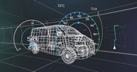 Speed arc appearing triggers HUD animating around wireframe van, showing speed Stock Footage 320896531