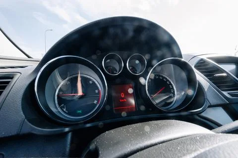 Speed background. Car dashboard panel with speedometer, tachometer. Fast vehi Stock Photos