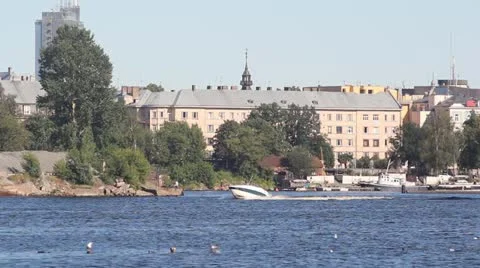 Speed boat floating by on river Stock Footage 11517823