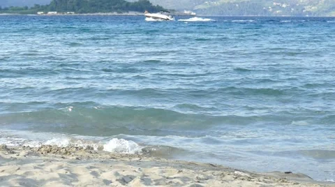Speed Boat in Front Sandy Beach Stock Footage 54912318