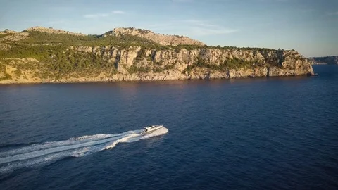 Speed Boat in Mallorca Afternoon Sun Panorama Stock Footage