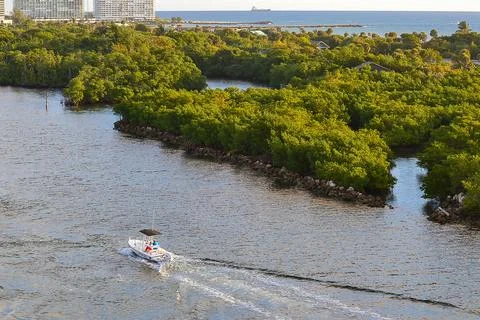 Speed boat on the river Stock Photos