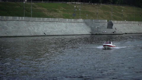 Speed boat on river. Spring 2022, Moscow. sails along the Moskva River Stock Footage 211624870