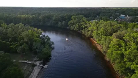 Speed boat on the river, summer day.View from above. Stock Footage 244360587