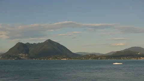 Speed Boat Stands In Front Of Mountains. Wide Shot Stock-Footage 123701922