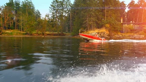 Speed Boat on Top of Wave, Slow Motion Speeding Motor Boat Travel View Video stock 89518530