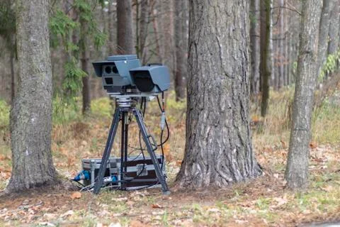 Speed camera is standing in the forest. shallow depth of field. there is tint Stock Photos