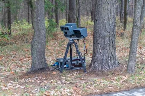 Speed camera is standing in the forest. shallow depth of field. there is tint Stock Photos