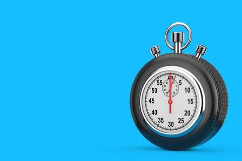 Speed Concept. Analog Stopwatch Framed Rubber Wheel Tires. 3d Rendering Illustrazione stock