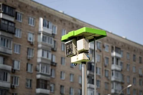 Speed control camera emerges from a specialized vehicle, integrated into an u Stock Photos