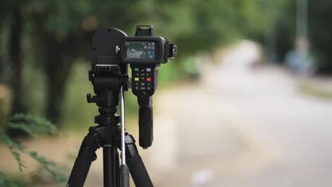 Speed control radar controlling car speed, monitoring highway traffic violati Stock Footage 333721436