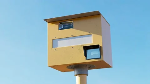Speed control at the road. Speed camera takes photos of cars. Slow down. Closeup Stock Footage 139747212