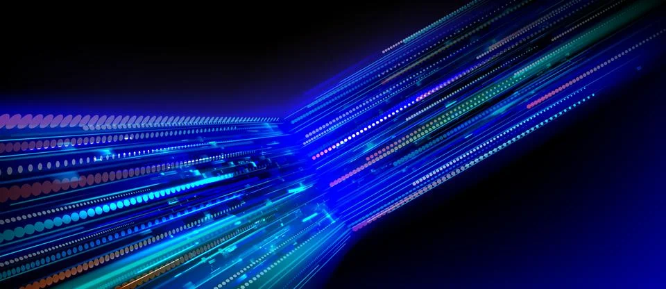Speed data flow, neon blue lines and glowing dots Illustrazione stock
