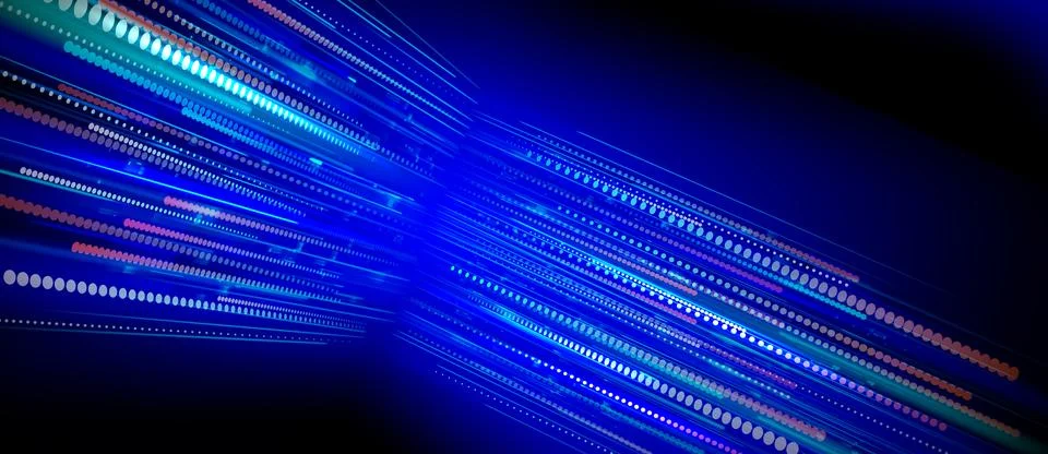 Speed data flow, neon blue lines and glowing dots Illustrazione stock