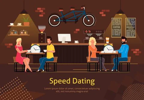 Speed Dating in Restaurant Flat Vector Poster Stock Illustration