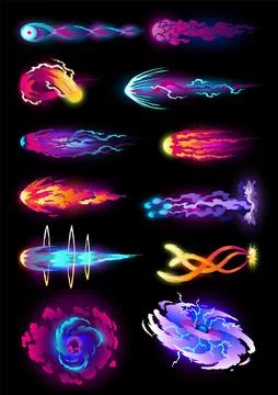 Speed effect cartoon vfx. Comic line blaster shot. Energy fire flame light. Neon Stock Illustration