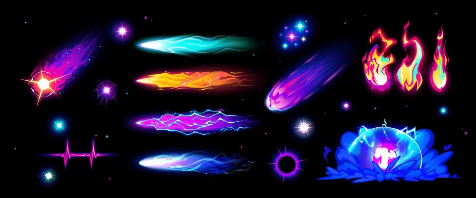 Speed effect. Magic cartoon VFX. Comic line blaster shot. Bomb boom smoke. Fl Illustrazione stock