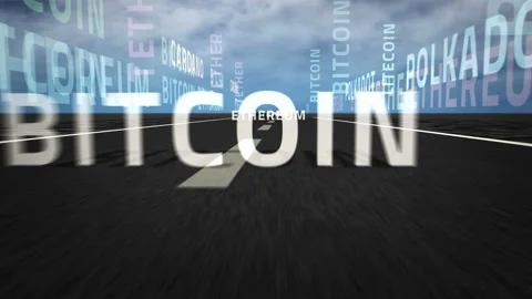 Speed flight Bitcoin text on road loop Stock Footage 152972450