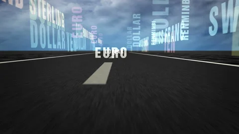 Speed flight Currency text on road loop Stock Footage 153577959